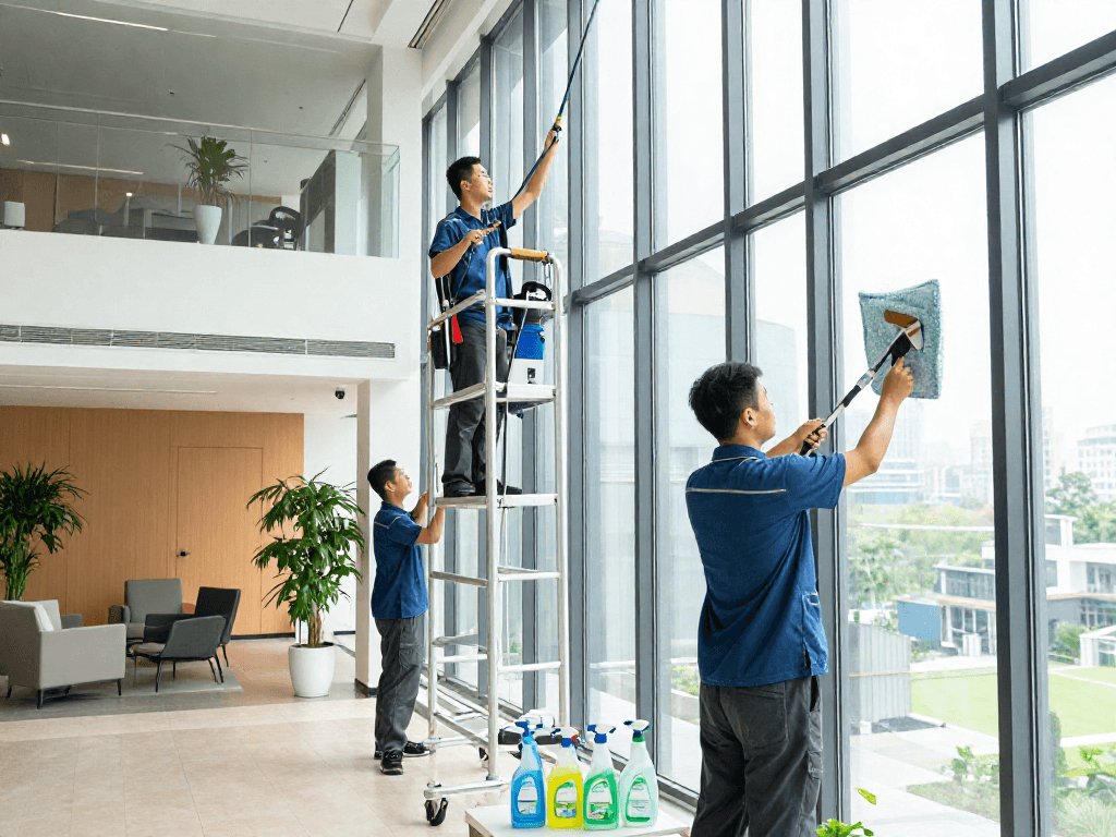 Professionelle Gebäudereinigungsfirma in Dortmund reinigt Fenster und Fassaden mit modernem Equipment