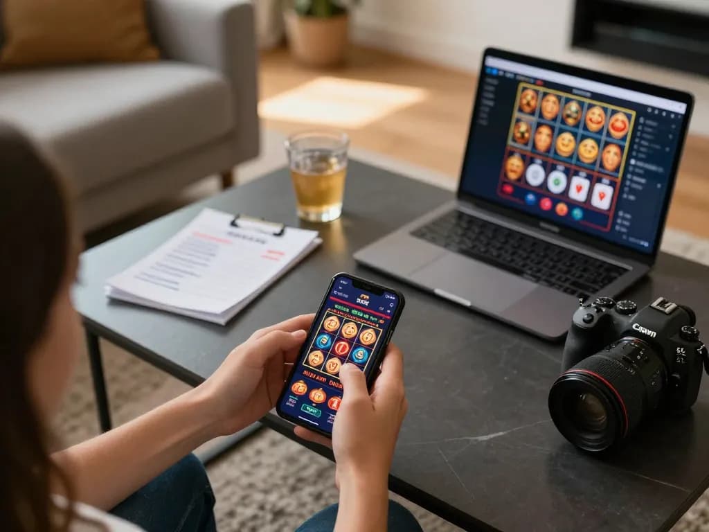 Engaging in mobile gambling with dabet app on a smartphone in a cozy home setting.
