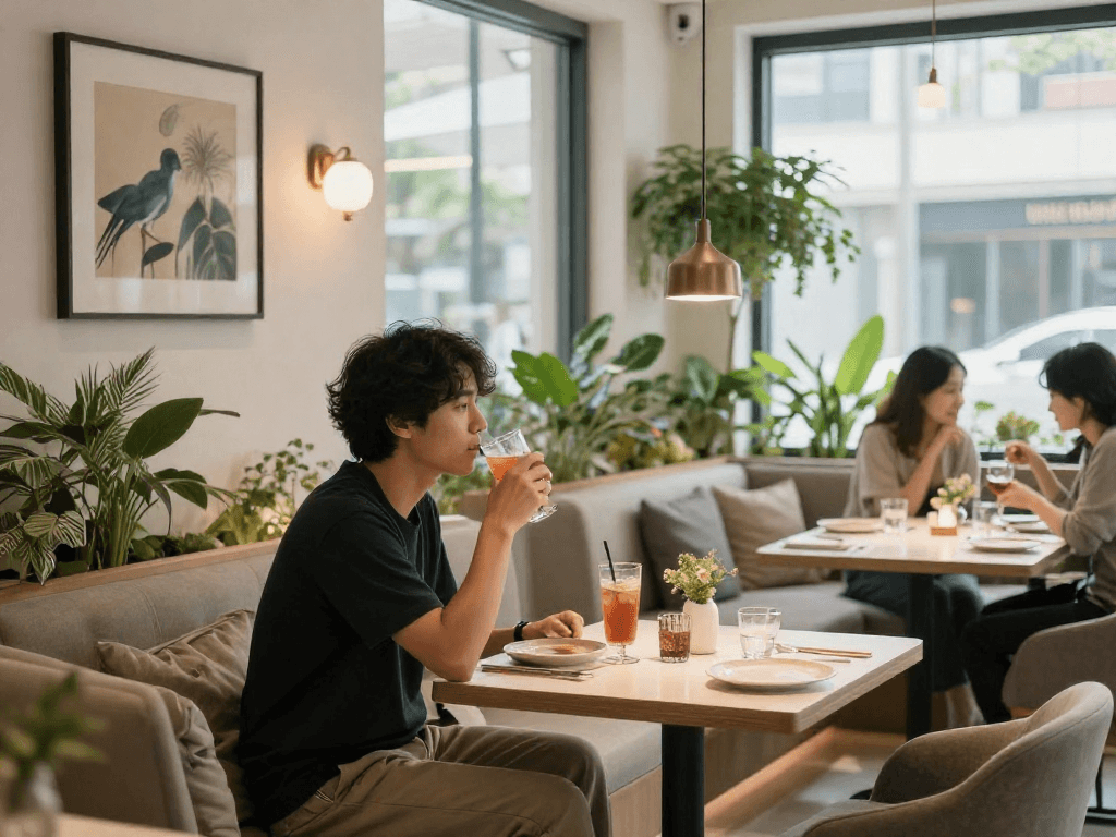 강남쩜오 멀리건의 아늑한 공간에서 편안한 분위기를 즐기는 모습