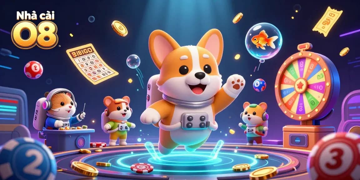 Experience the excitement at Nhà cái O8 with a lively illustration featuring a floating casino scene.