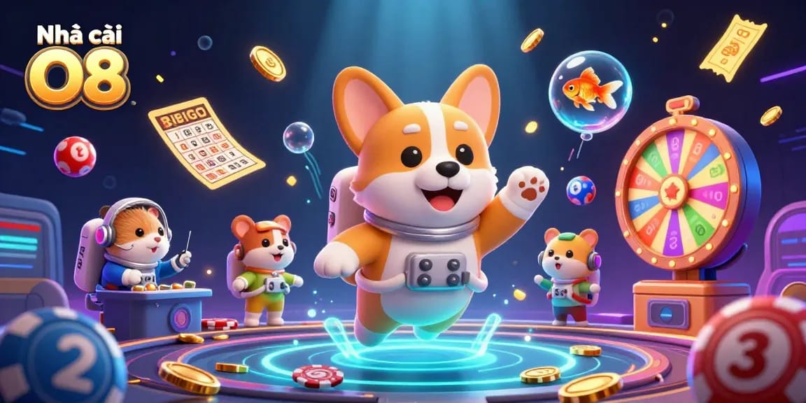 Experience the excitement at Nhà cái O8 with a lively illustration featuring a floating casino scene.