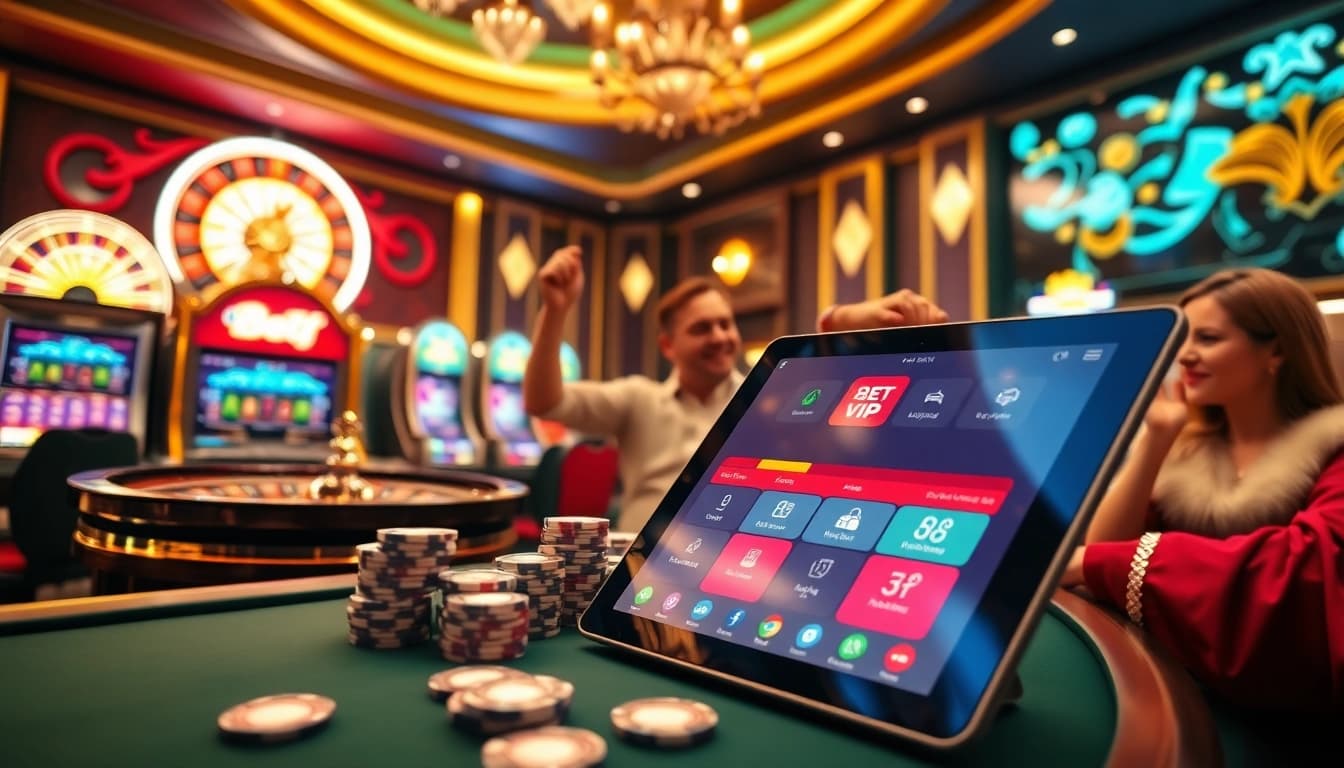 Cảm giác phấn khích khi cược với ứng dụng Bet VIP, có máy slot sống động, chip poker và bánh xe roulette.