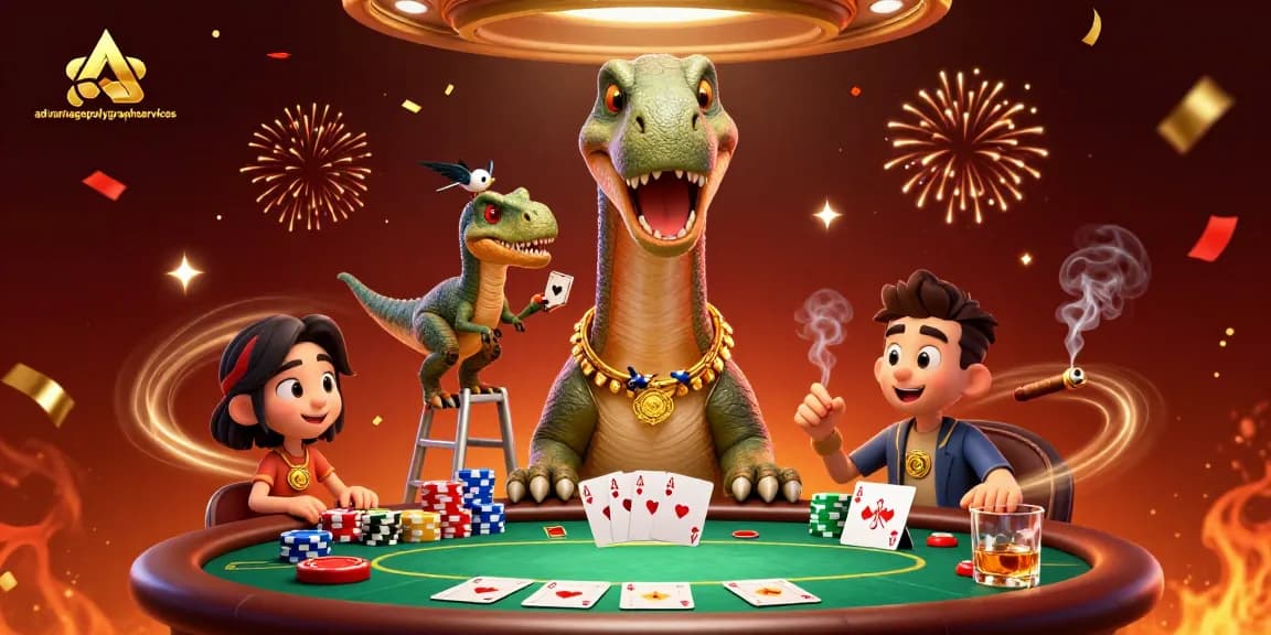 Engage with excitement at advantagepolygraphservices with this vibrant casino scene featuring a friendly dinosaur and a clever raptor!