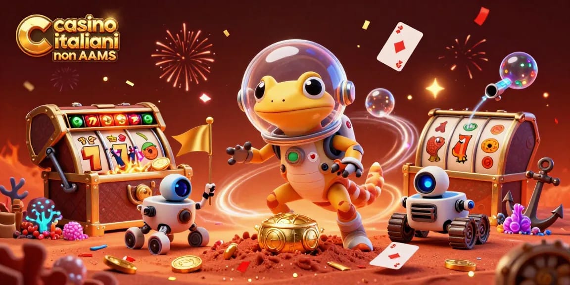 Casinò italiani non AAMS rivelano la loro grandiosità mentre un gecko marziano esplora un tesoro d'oro.