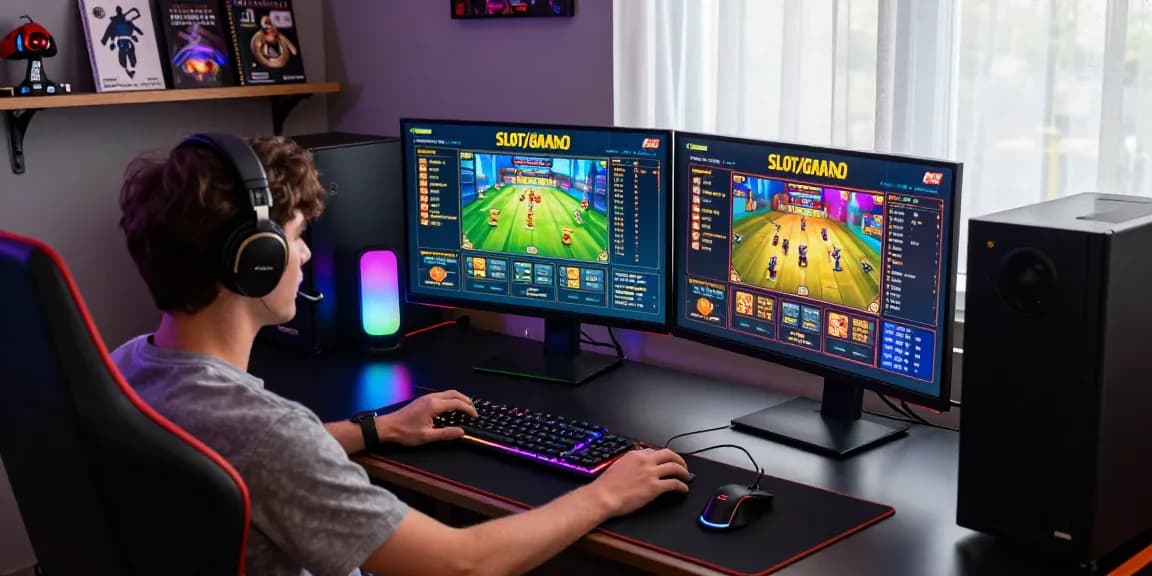 Player immersed in a koitoto gaming session with vibrant slot graphics and gaming setup.