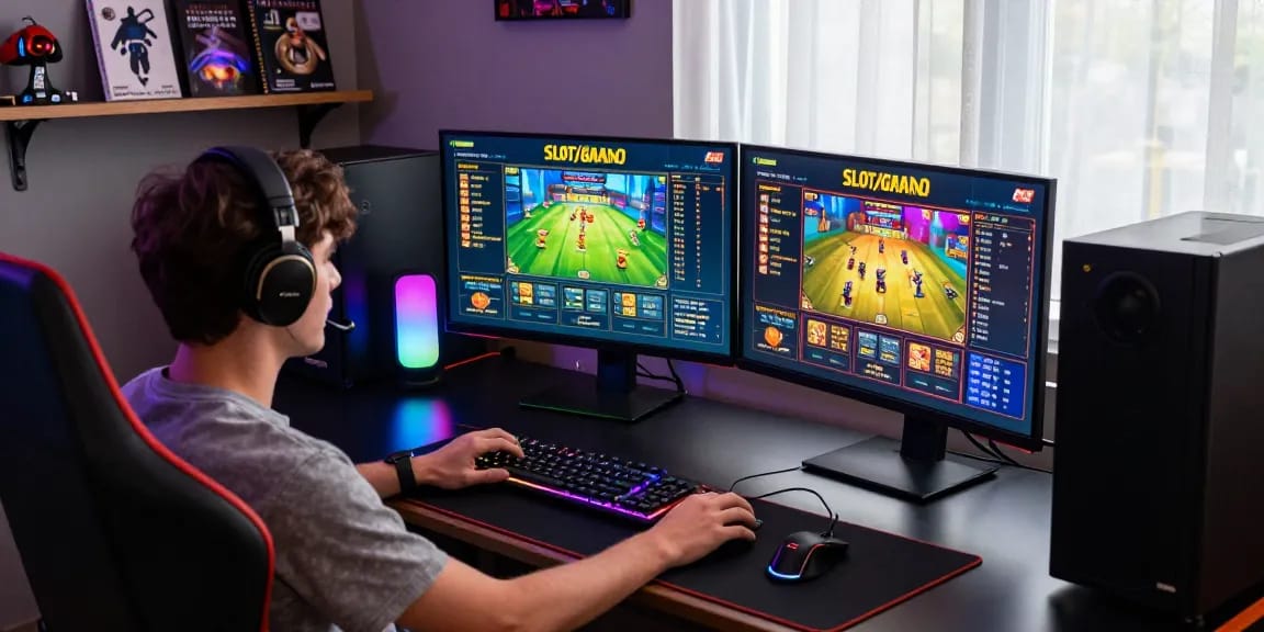 Player immersed in a koitoto gaming session with vibrant slot graphics and gaming setup.