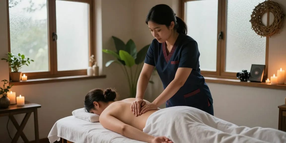 불당동마사지에서 편안한 분위기 속에서 고객을 위한 스웨디시 마사지 장면
