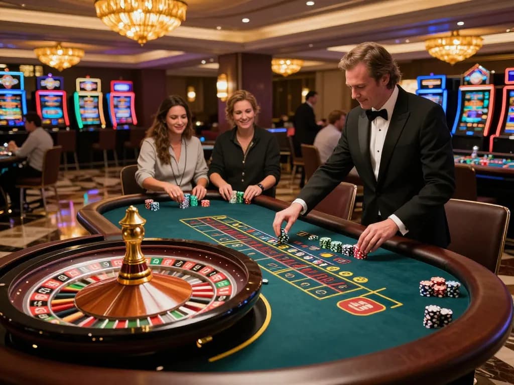 Players placing bets at roulette table in elegant casino, showcasing sites not on gamstop.