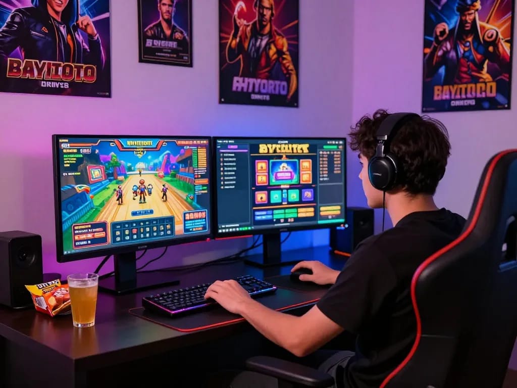 Player enjoying BAYITOTO slot online experience at a vibrant gaming setup.