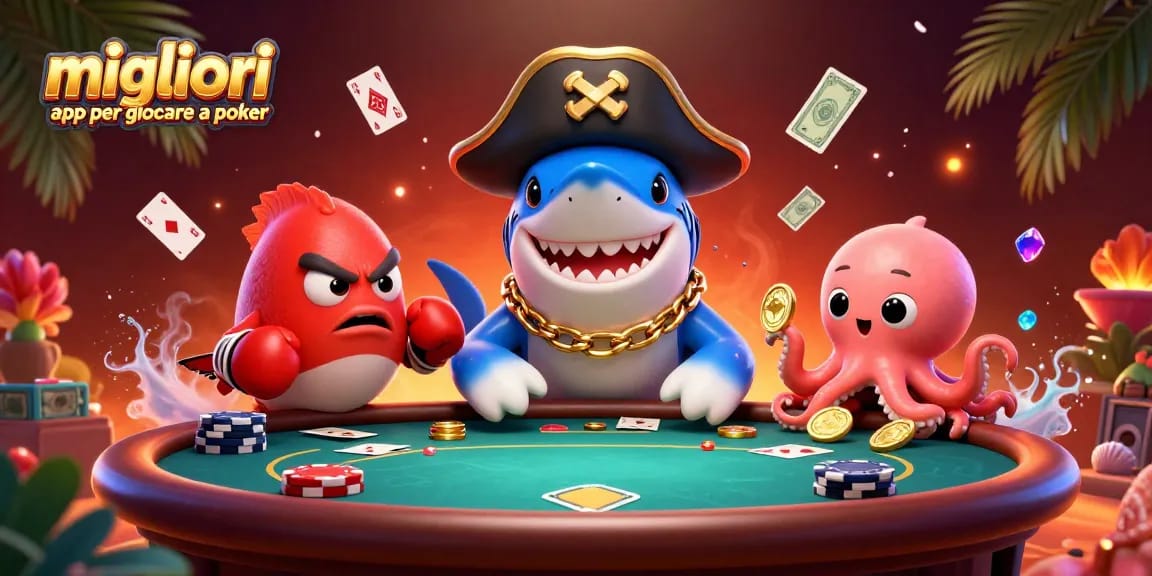 Scopri le migliori app per giocare a poker con questa illustrazione dinamica di un tavolo da poker e divertenti personaggi marini.