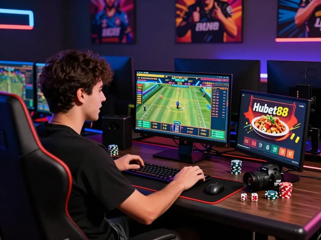 TIN TỨC hubet88 showcases an enthusiastic online gambler engaging with exciting promotions and live bets in a vibrant betting environment.