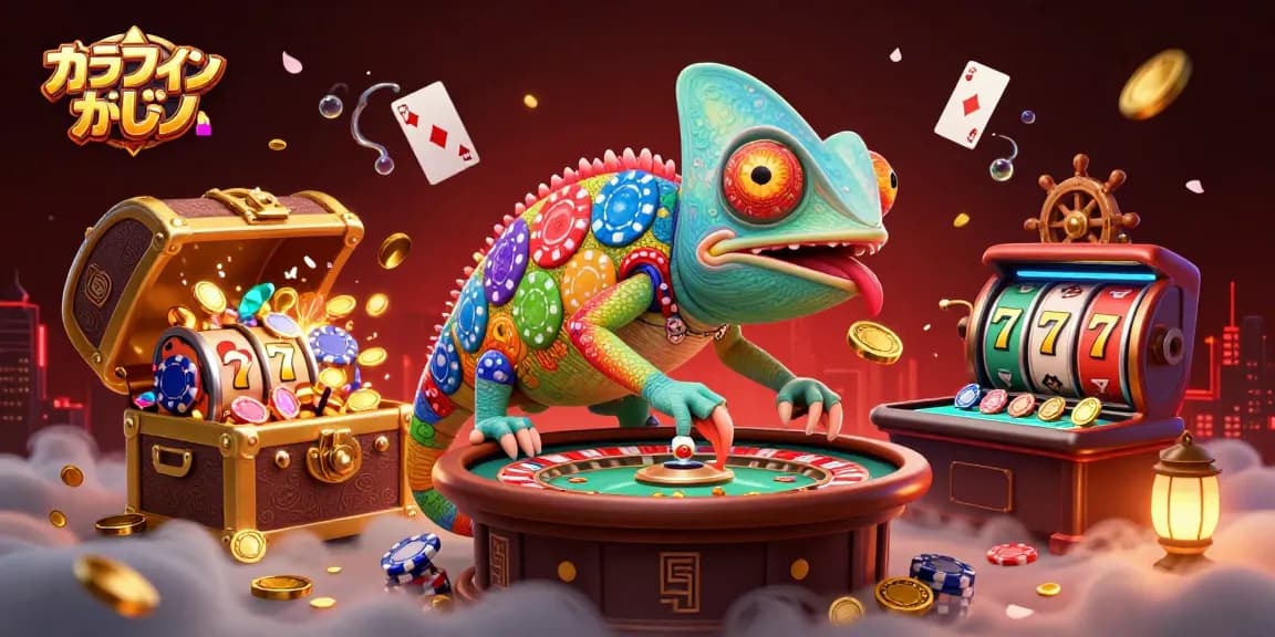 オンラインカジノのカジノシーンを楽しむ巨大なカメレオンがプレイヤーを魅了するイラスト