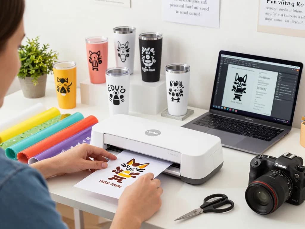 Person crafting with Cricut machine cutting colorful SVG files for personalized tumblers in a bright crafting space.