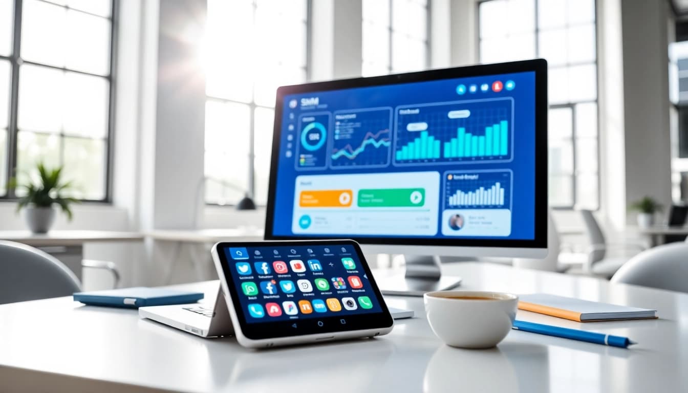 View of a cheap smm panel dashboard on a computer screen with vibrant social media icons.