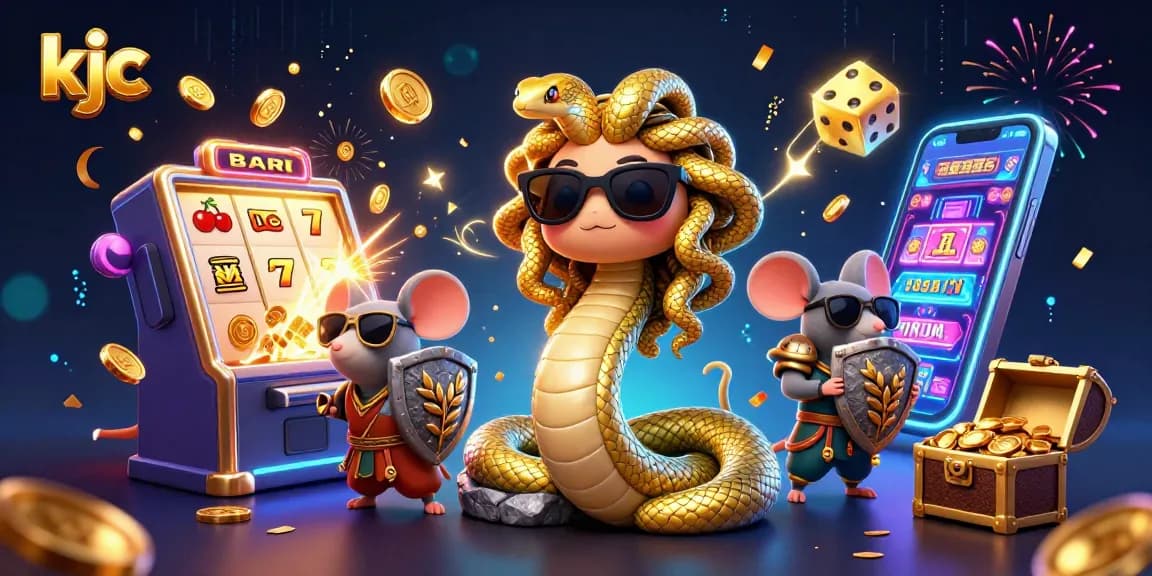 KJC players enjoy a vibrant scene with golden snakes, slot machines, and casino elements.