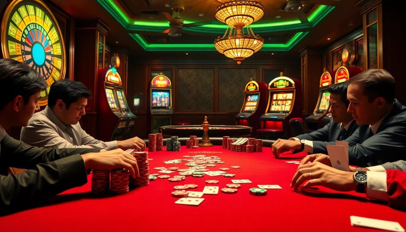 A thrilling poker game at xin88 with colorful chips and glimmering roulette wheel.
