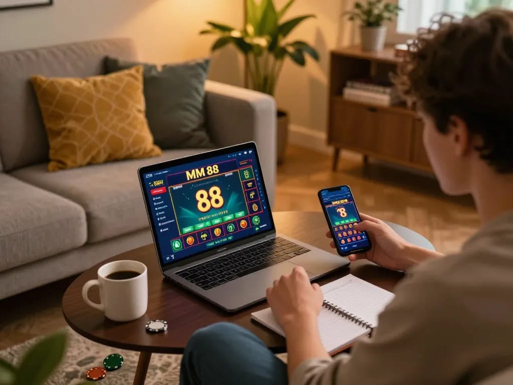 Engaging gameplay on MM 88 casino app at home, showcasing strategic betting moments.