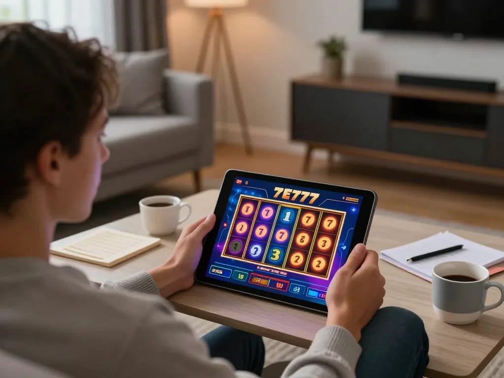 Engaging gameplay on slot777 app showcasing vibrant reel actions in cozy home setup