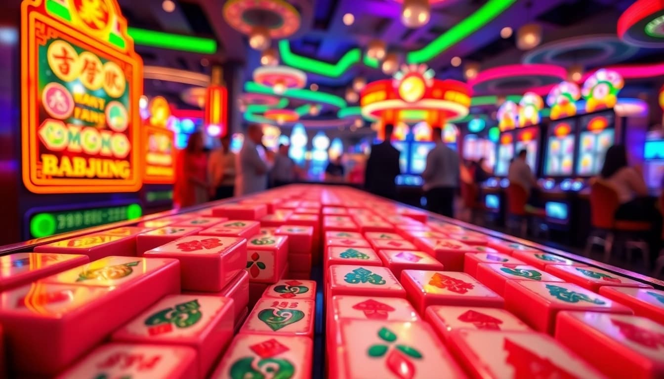 Permainan slot mahjong menarik dengan desain ubin berwarna cerah dalam suasana kasino yang meriah.