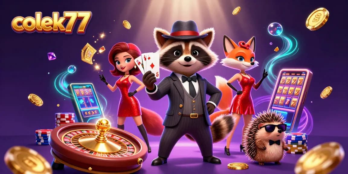 Spin to win at colek77 with a suave raccoon, charming fox, and bouncer in a lively casino scene.