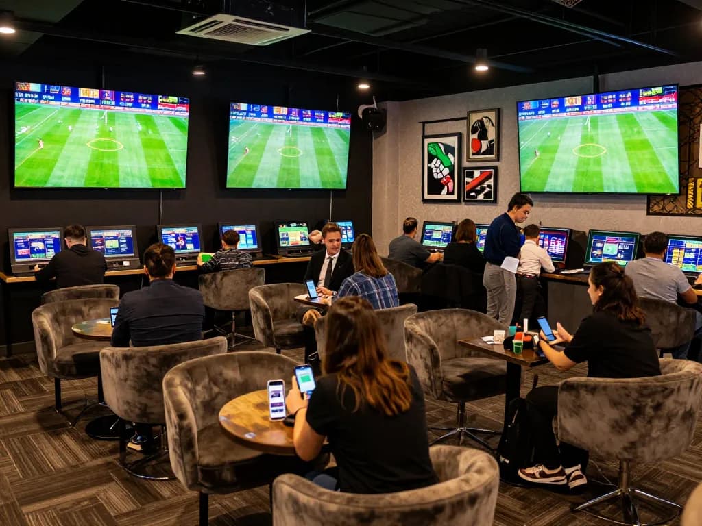 Kèo nhà cái reflects live betting excitement in a modern sports lounge with fans engaged in strategic betting.