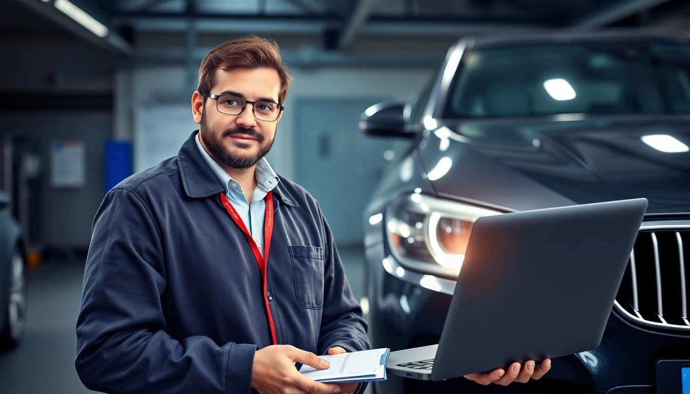 Gutachten Auto Aachen: KFZ-Gutachter analysiert Schäden an einem Fahrzeug vor Ort.