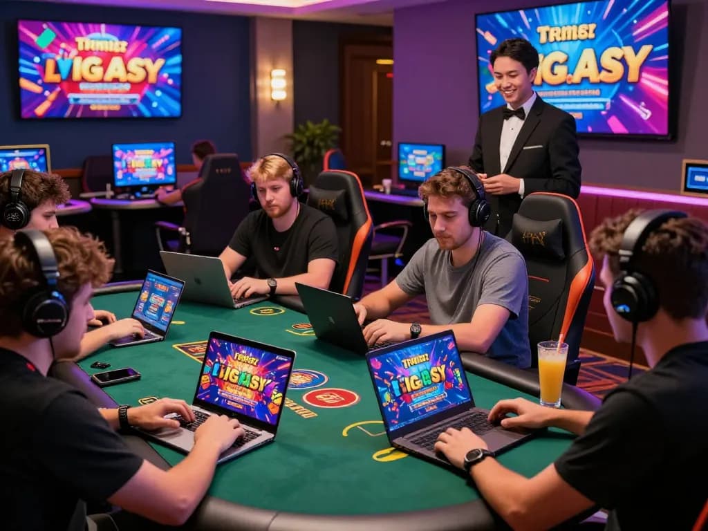 Diverse players enjoying casino games on TG88 platform, illuminated by colorful graphics in an immersive online gaming environment.