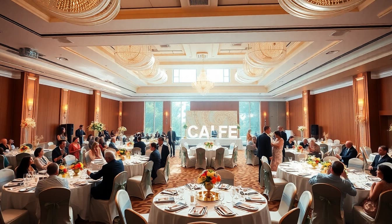 Impression von almas event center mit festlich geschmücktem Saal und fröhlichen Gästen.