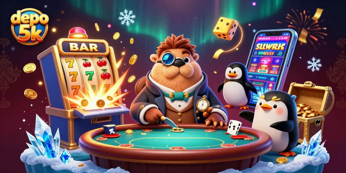 Experience excitement at depo 5k with our festive casino scene featuring a walrus, penguin dealer, and pufferfish!