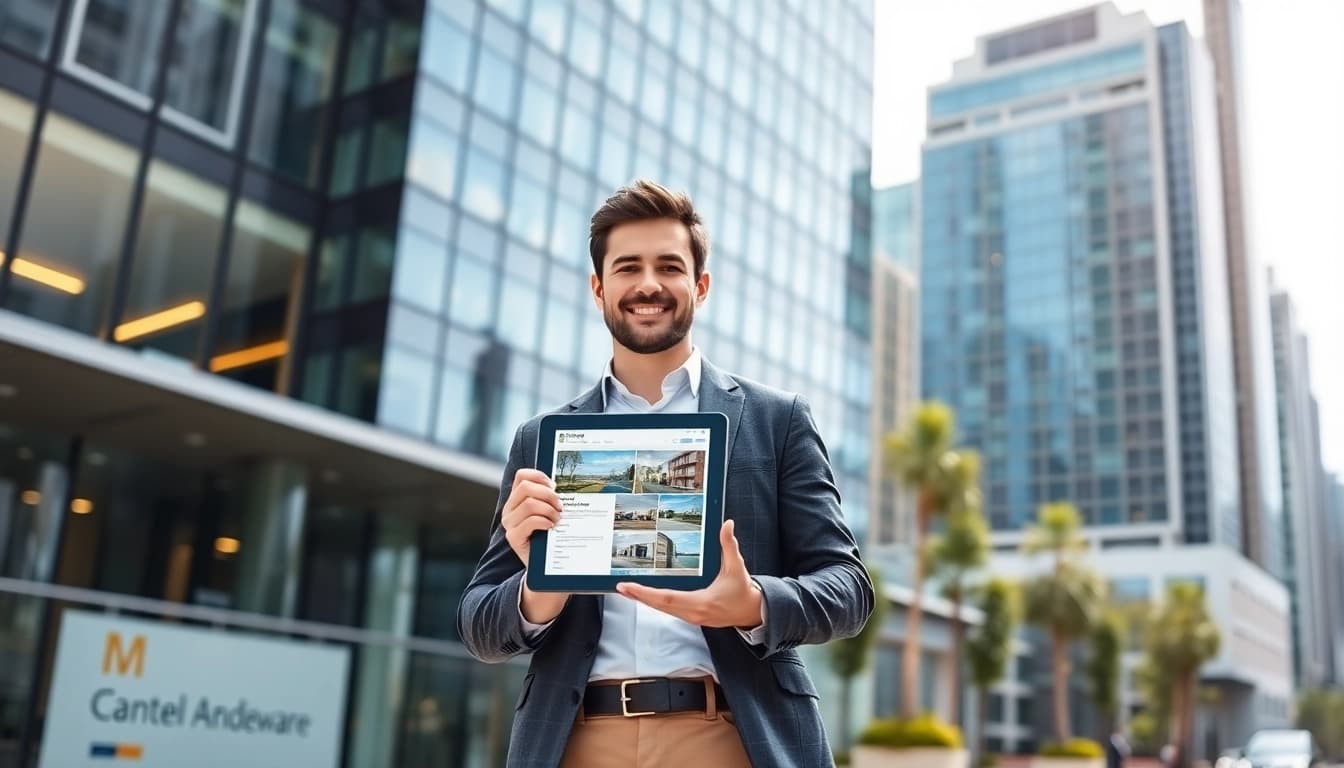 Showcasing real estate agent in urban setting with modern office, conveying professional atmosphere.