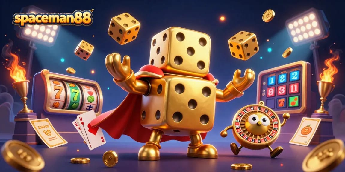 Experience the excitement at spaceman88 with a vibrant slot game illustration featuring golden dice and dynamic game elements.