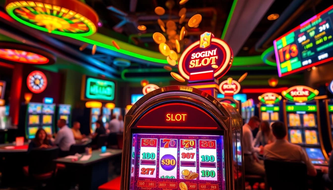 Players celebrating a win on a slot machine in a vibrant casino atmosphere.