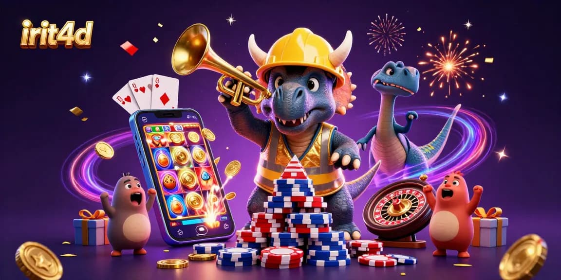 Celebrate wins with irit4d, featuring a triceratops building poker chips and fun casino elements.