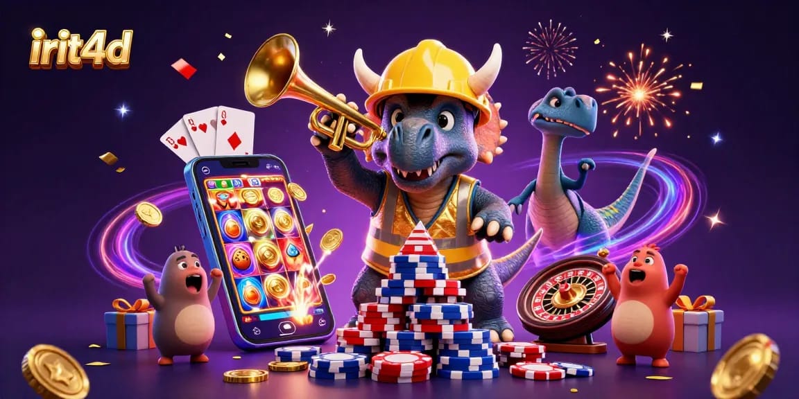 Celebrate wins with irit4d, featuring a triceratops building poker chips and fun casino elements.