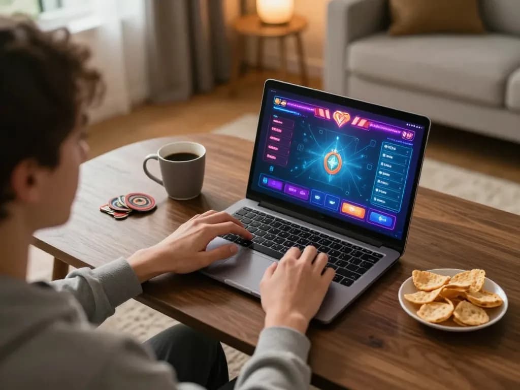Engaging in bk8 เครดิตฟรี poker gameplay with friends online, showcasing excitement and strategy in a cozy home setting.