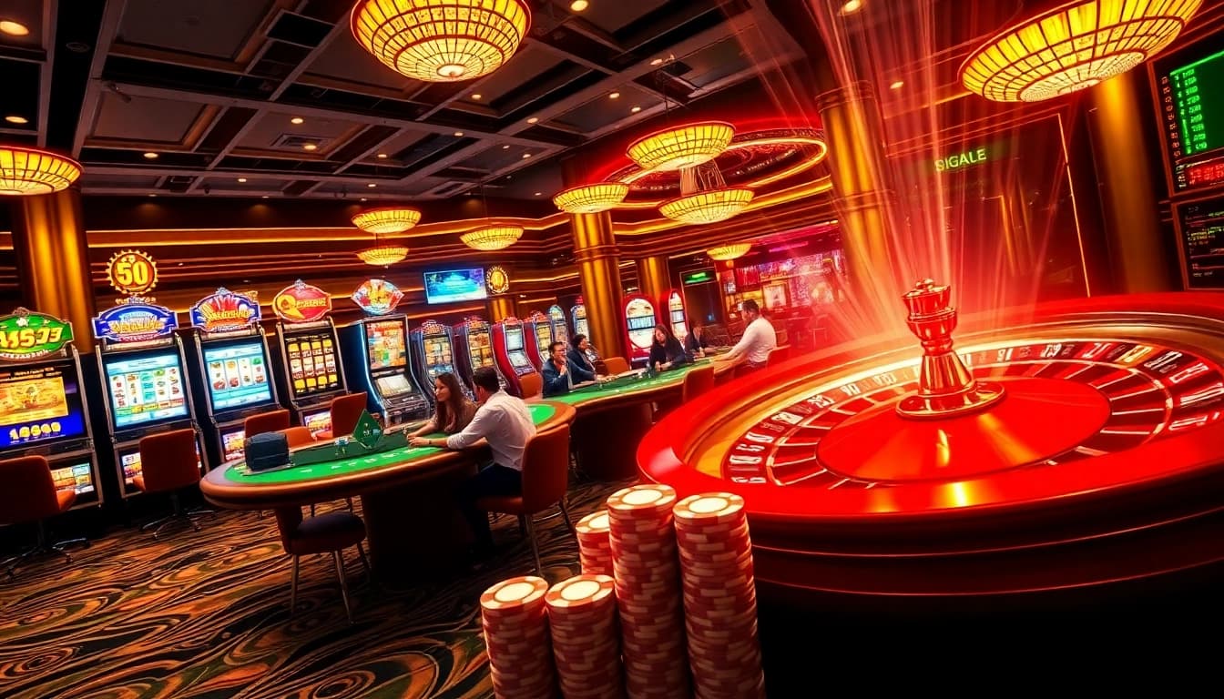 Tobet88 players engaging at a lively casino table, surrounded by vibrant gaming elements.