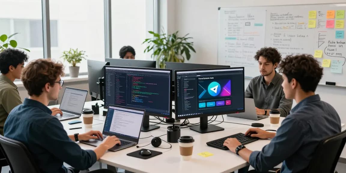 Developers collaborating on the latest Telegram app at 纸飞机中文版官网 workspace