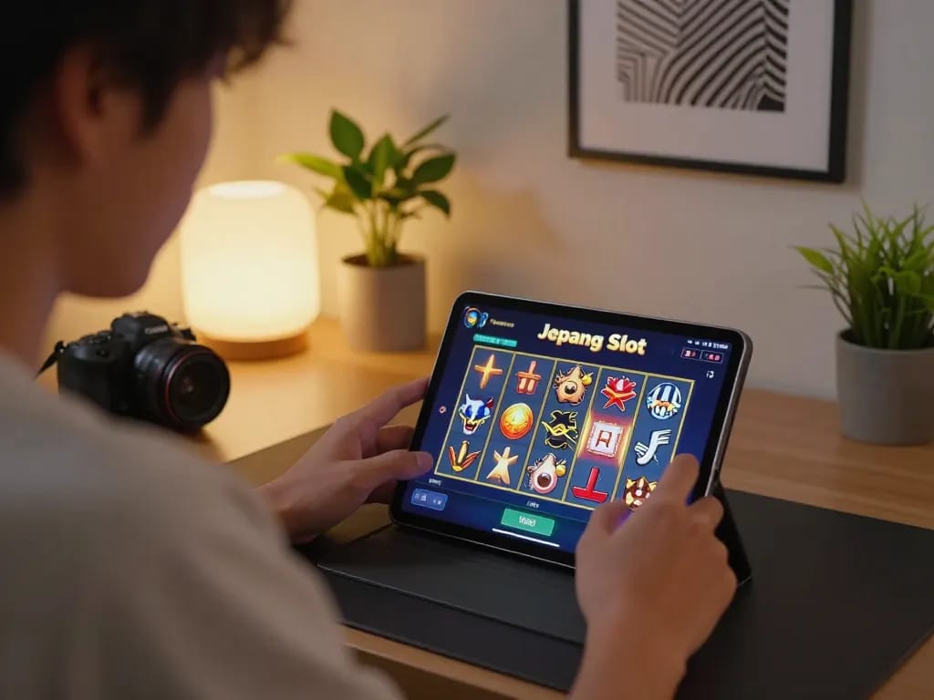 Engage in Jepang Slot gameplay with a cozy tablet setup, showcasing strategic gaming moments and responsible entertainment.