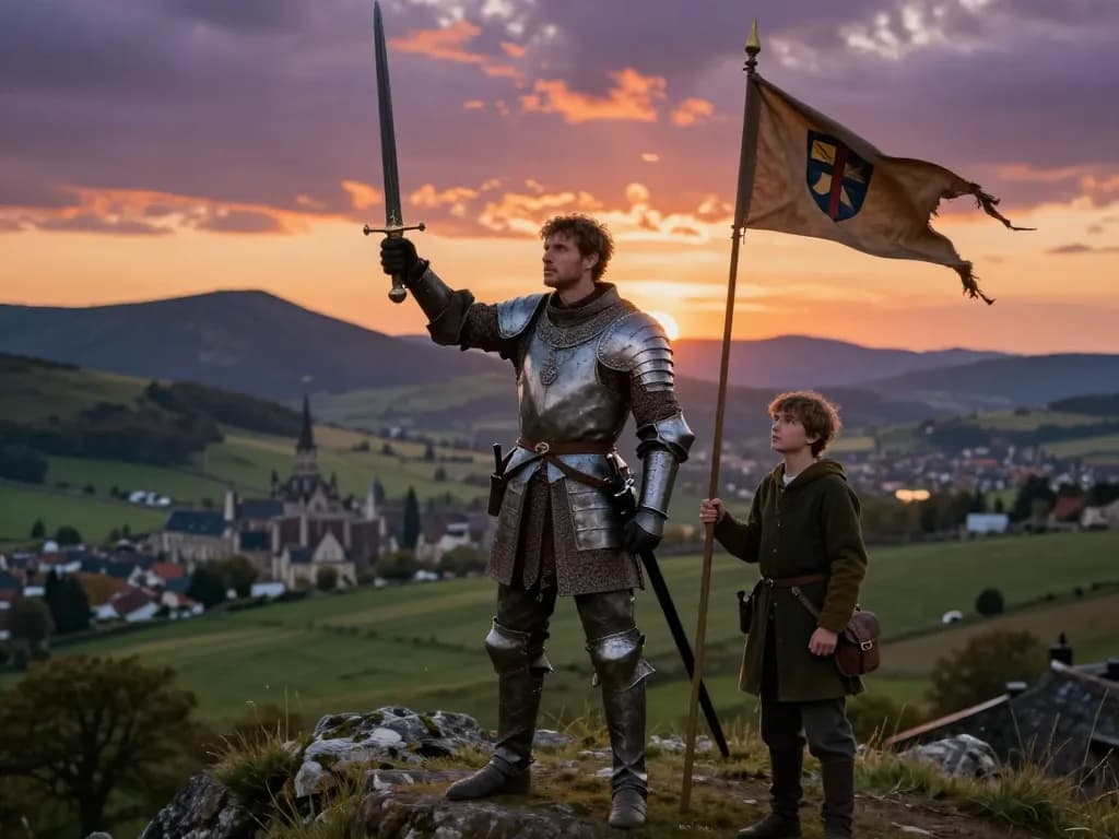 Ser Duncan the Tall, a Knight of the Seven Kingdoms, stands heroically on a hilltop at sunset, embodying adventure and valor.