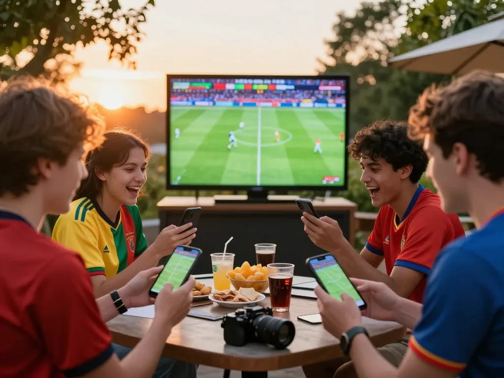 Friends using Okwintv to place bets while enjoying a live football match outdoors