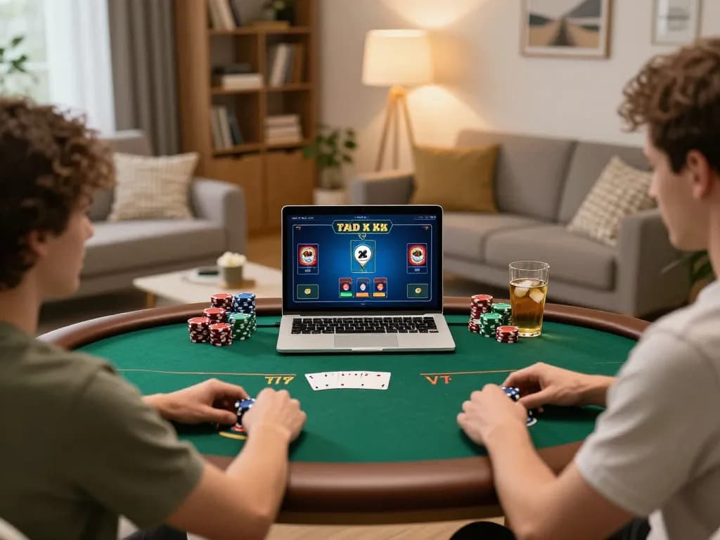 Player engaging in online poker at home with nhacaiuytin strategy notes and organized setup for responsible gambling
