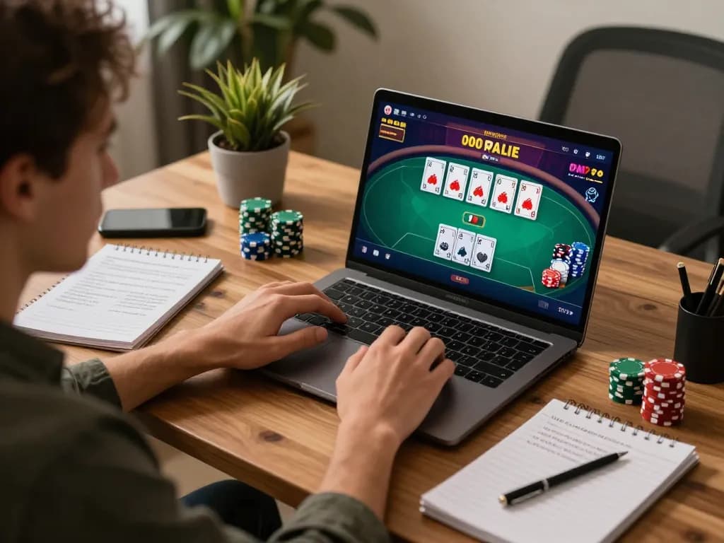 Playing poker on a laptop at home while managing bankroll strategies through https://n188.build/ in a cozy environment