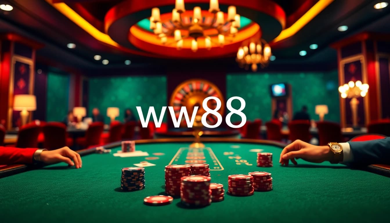 Players excitedly betting at the ww88 poker table, surrounded by casino glamour and vibrant atmosphere.