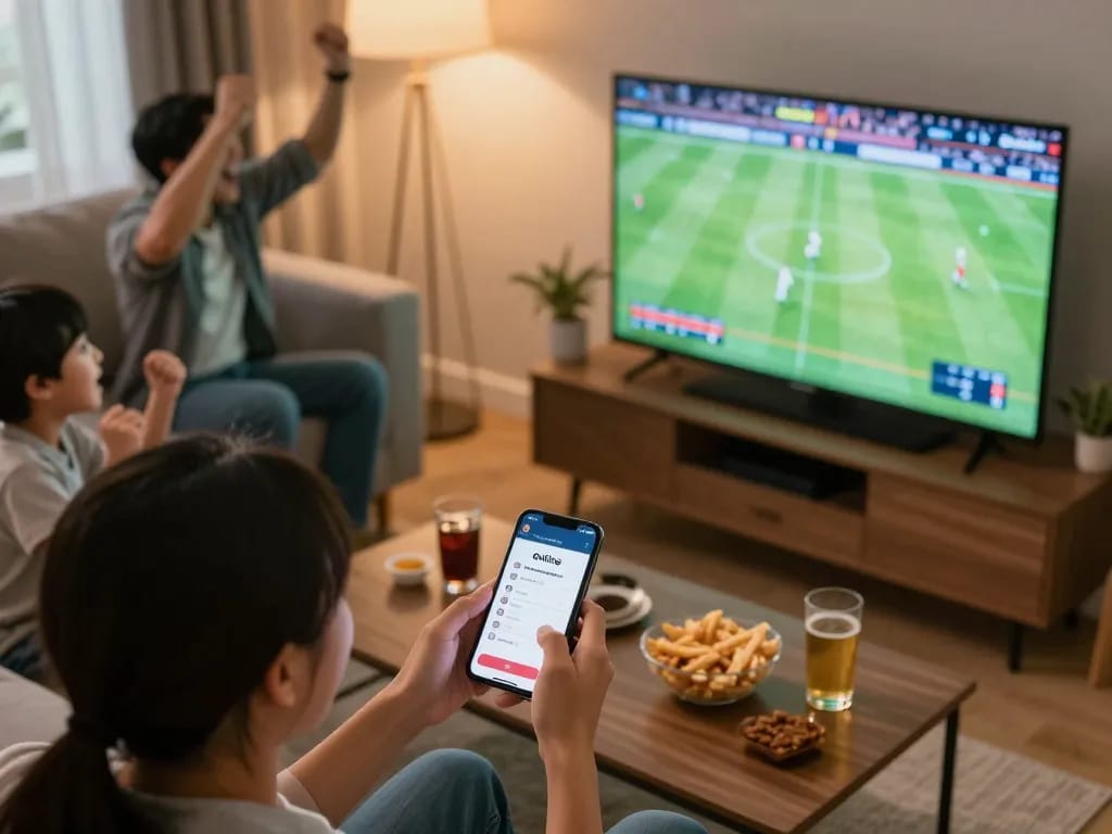 Person engaging in sports betting using https://keotructuyen.com.mx/ during a live football match, creating an electric atmosphere.