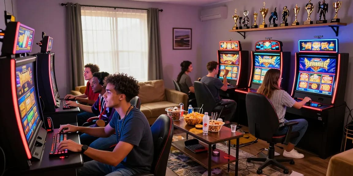 Friends enjoying slot depo 1000 games together in vibrant living room, showcasing excitement and camaraderie.