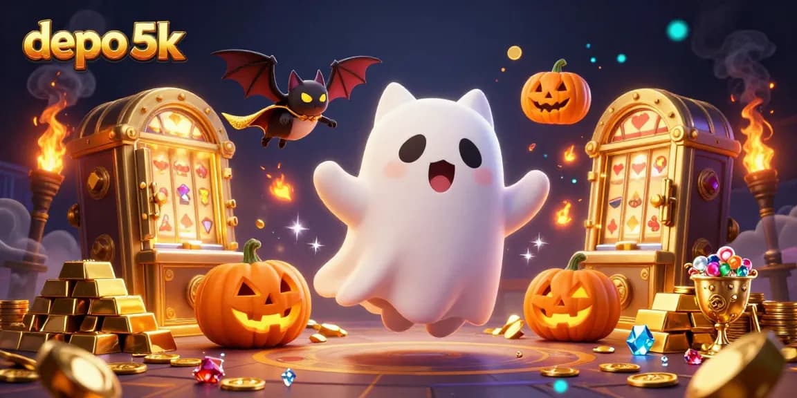 Spin to win with depo 5k in a magical casino scene featuring a ghost cat and treasures!