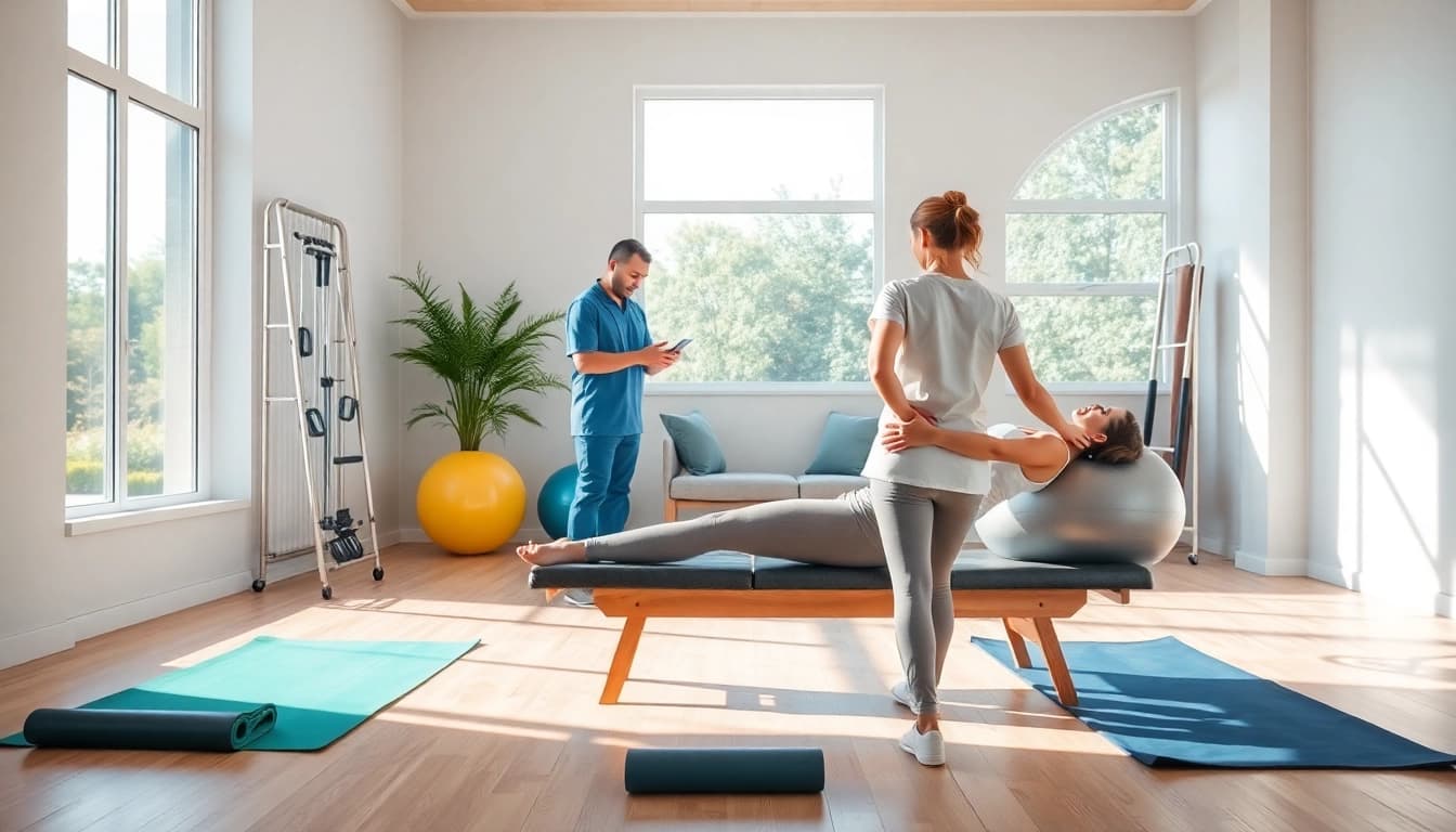 Therapist showcasing back pain remedies techniques in a professional clinic setting.