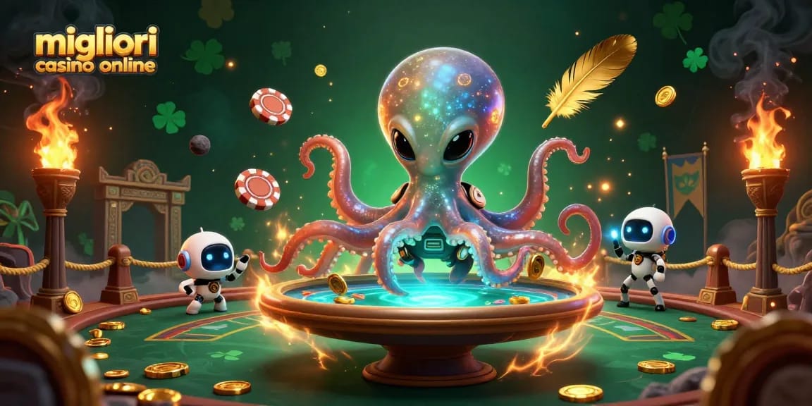 Scopri i migliori casinò online con l'alieno polpo e il suo tavolo da poker olografico.