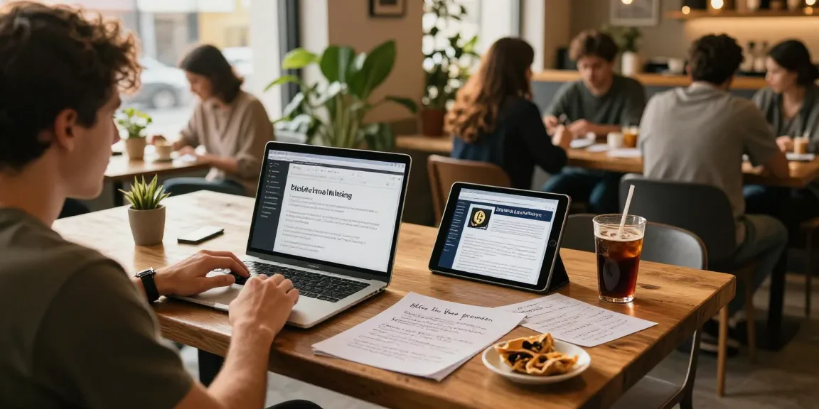 Mining crypto online in a cozy café setting with Bitcoin charts and research notes.