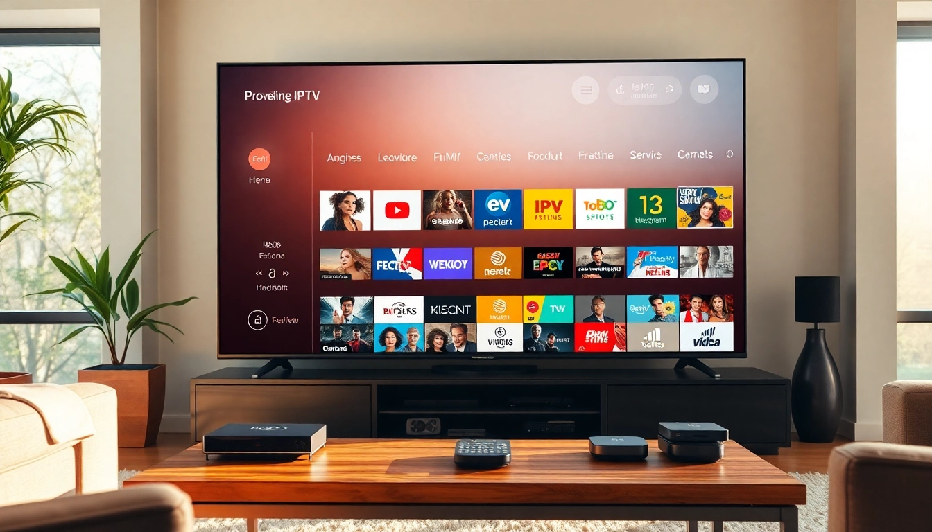 View of an IPTV service setup showcasing vibrant channels and a cozy living room environment.